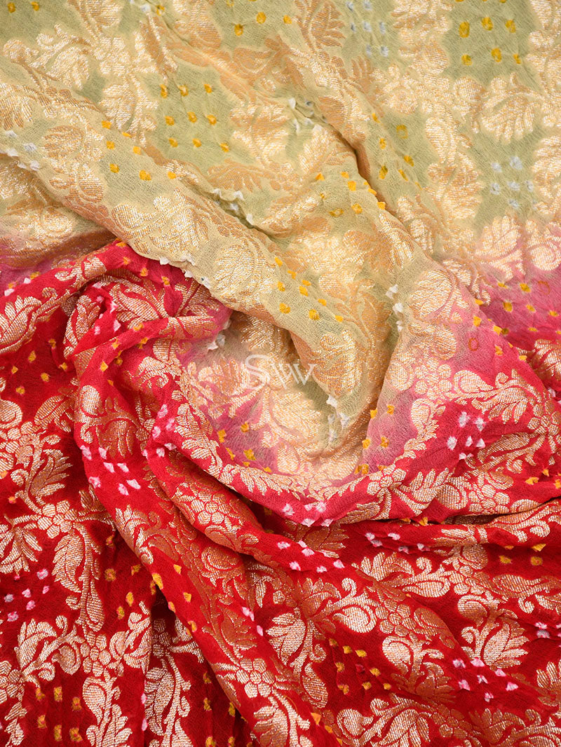 Red-Beige Bandhani Khaddi Georgette Handloom Banarasi Saree - Sacred Weaves