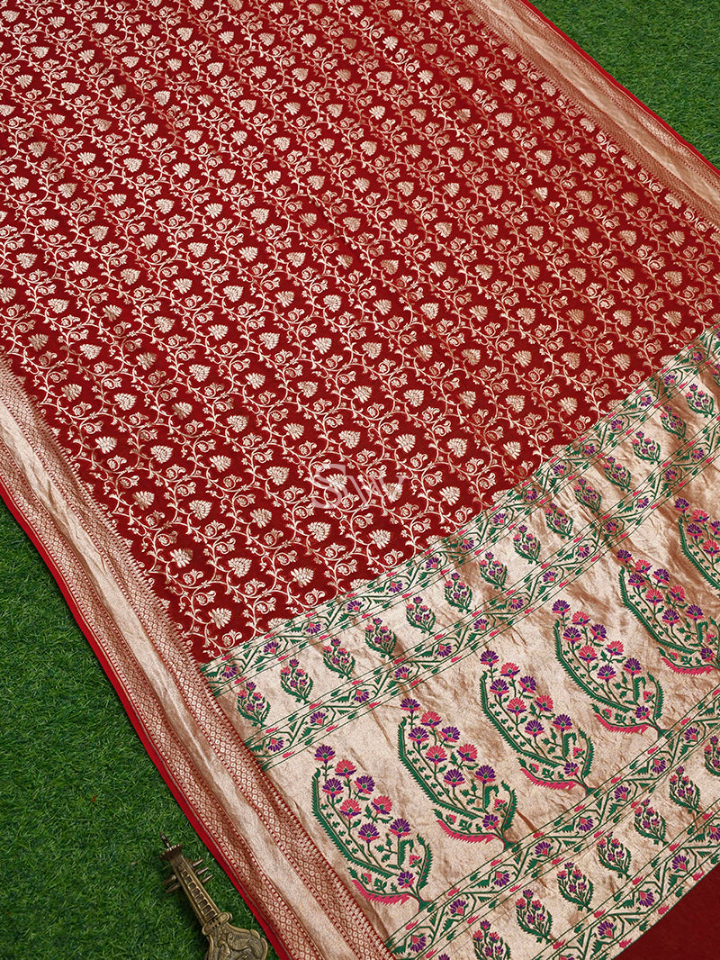 Maroon Paithani Khaddi Georgette Handloom Banarasi Saree - Sacred Weaves