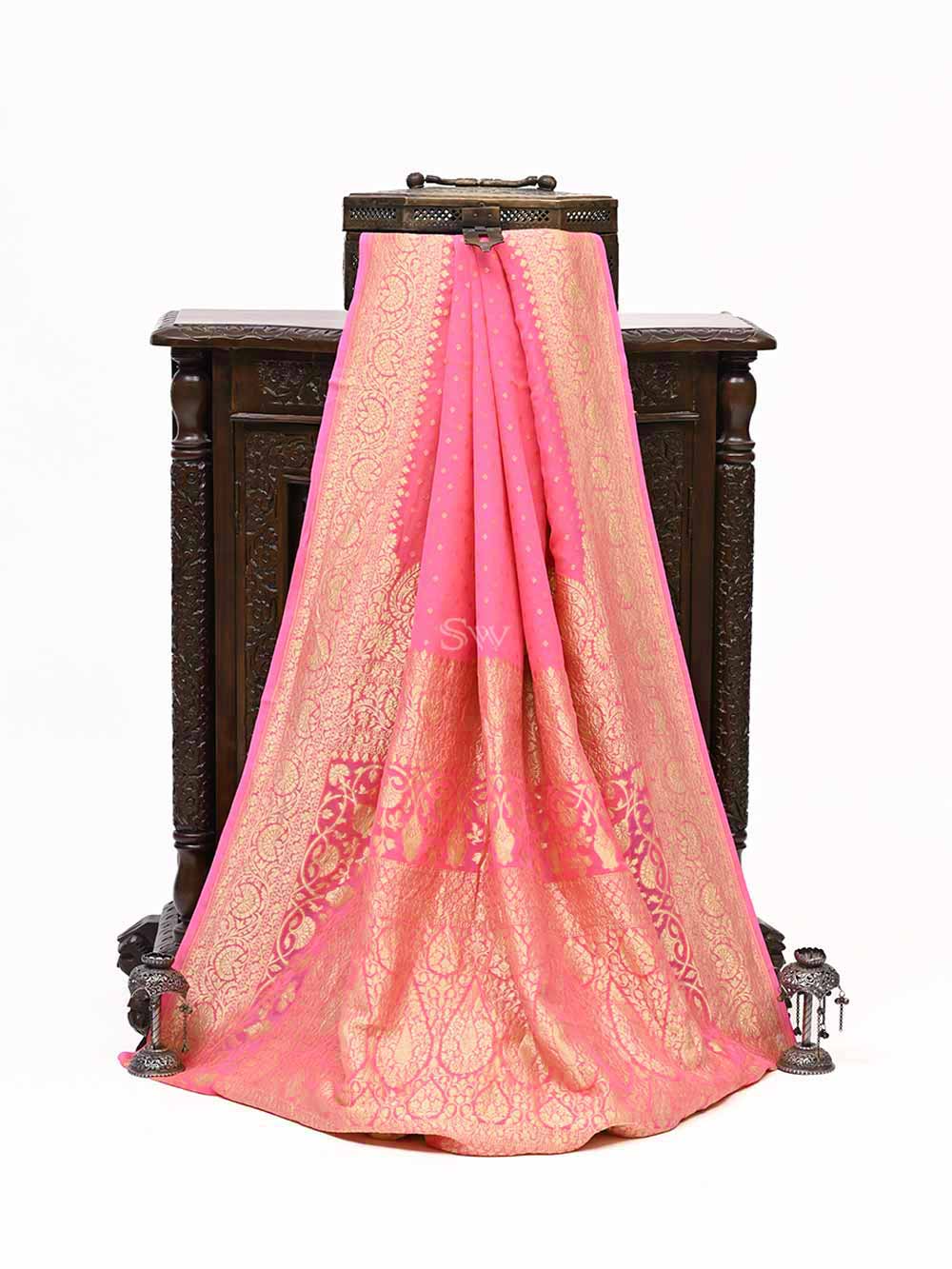 Pink Konia Khaddi Georgette Handloom Banarasi Saree - Sacred Weaves