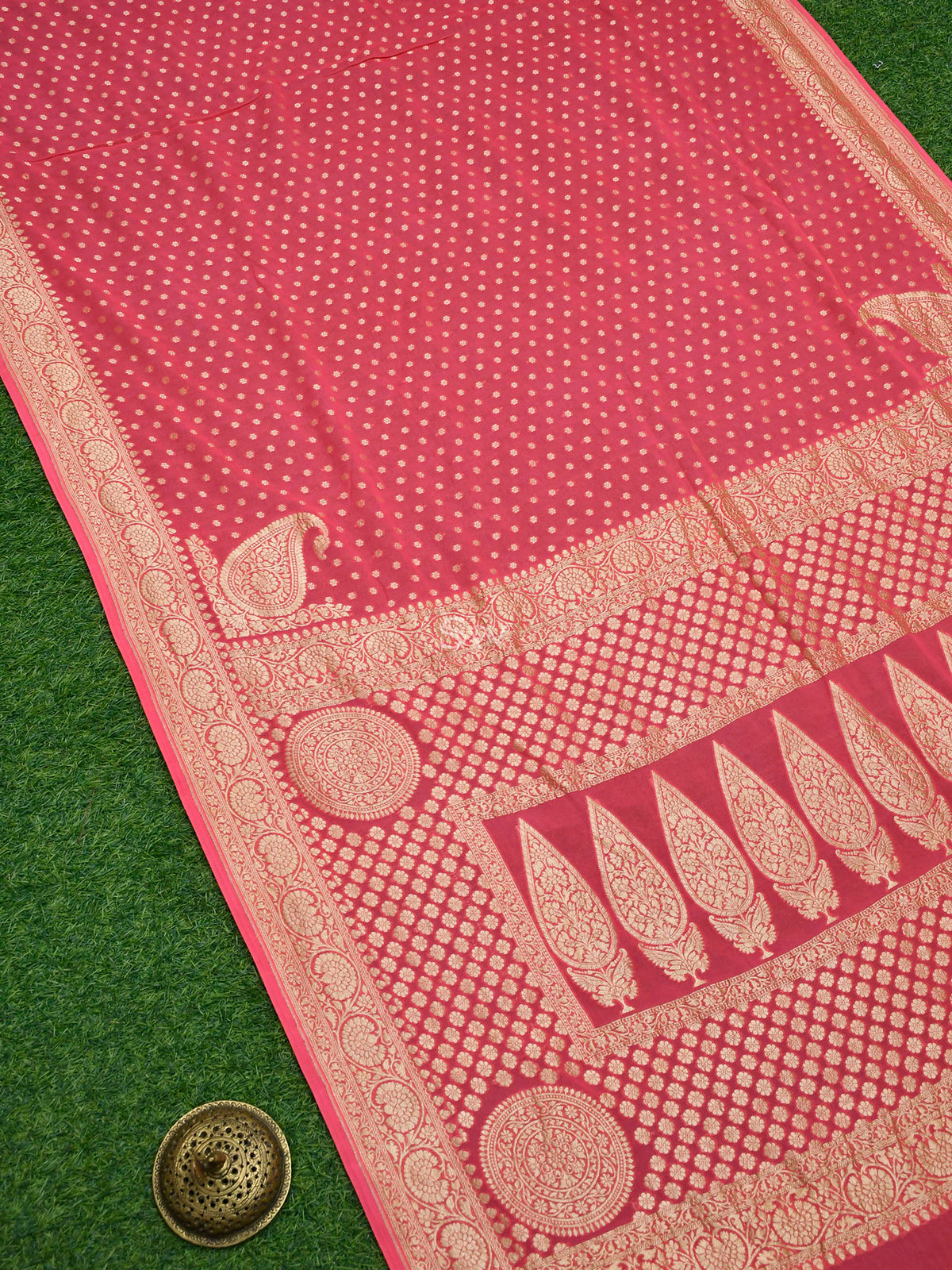Coral Pink Konia Khaddi Georgette Handloom Banarasi Saree - Sacred Weaves