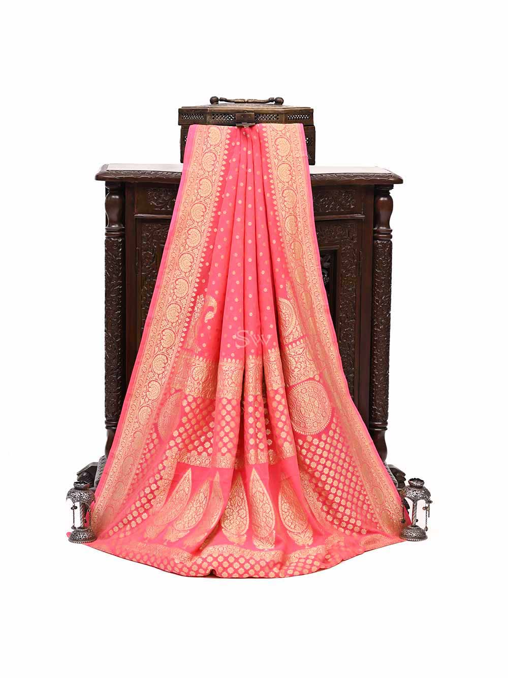 Coral Pink Konia Khaddi Georgette Handloom Banarasi Saree - Sacred Weaves