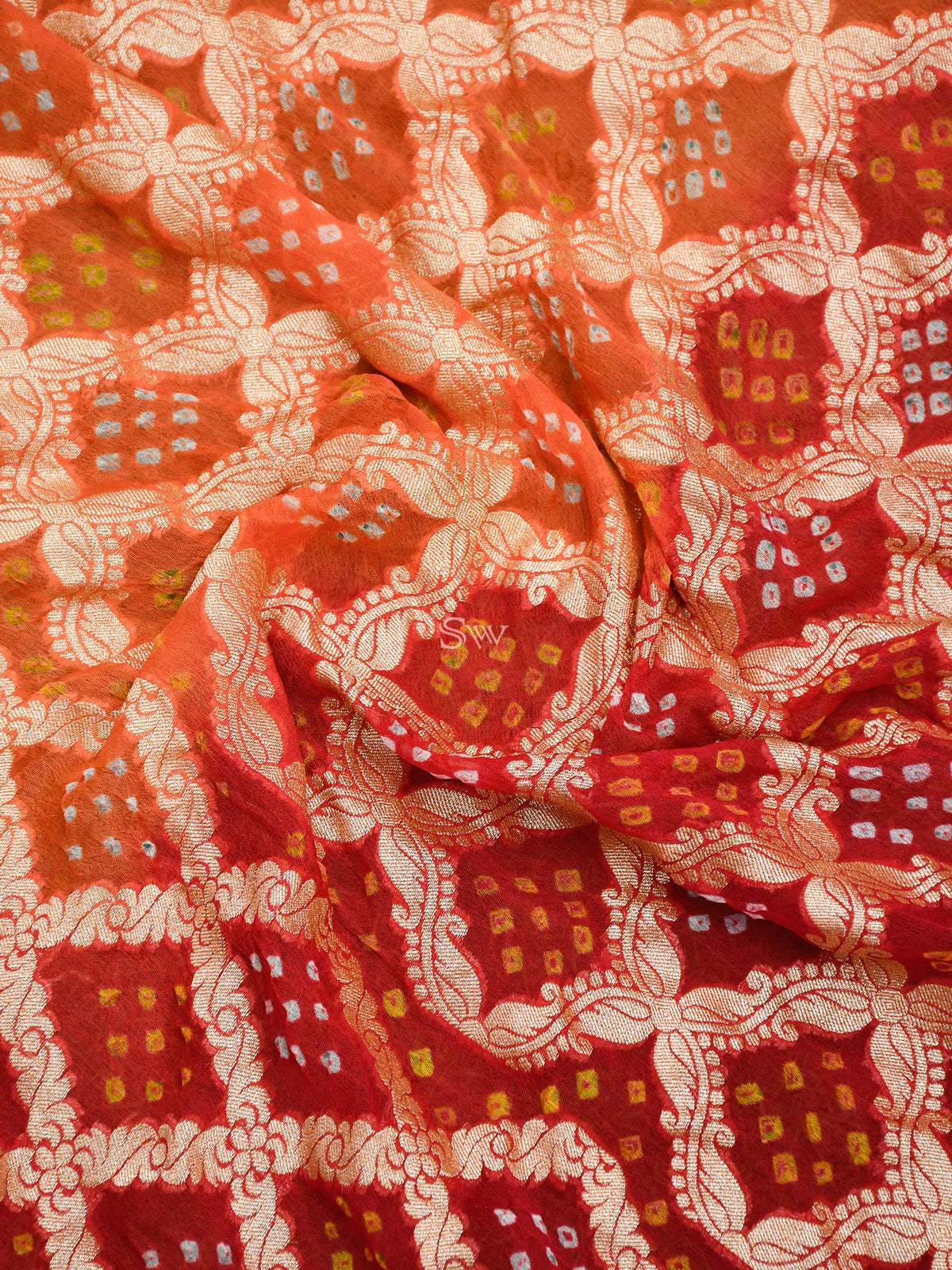 Maroon Orange Bandhani Khaddi Georgette Handloom Banarasi Saree - Sacred Weaves