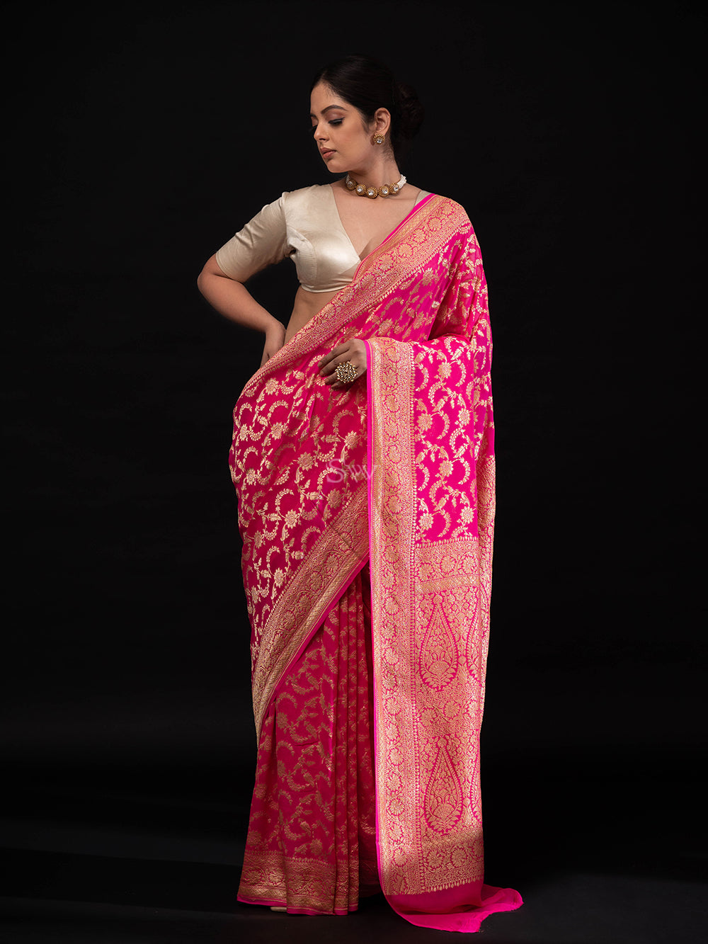 Bright Pink Jaal Khaddi Georgette Handloom Banarasi Saree - Sacred Weaves