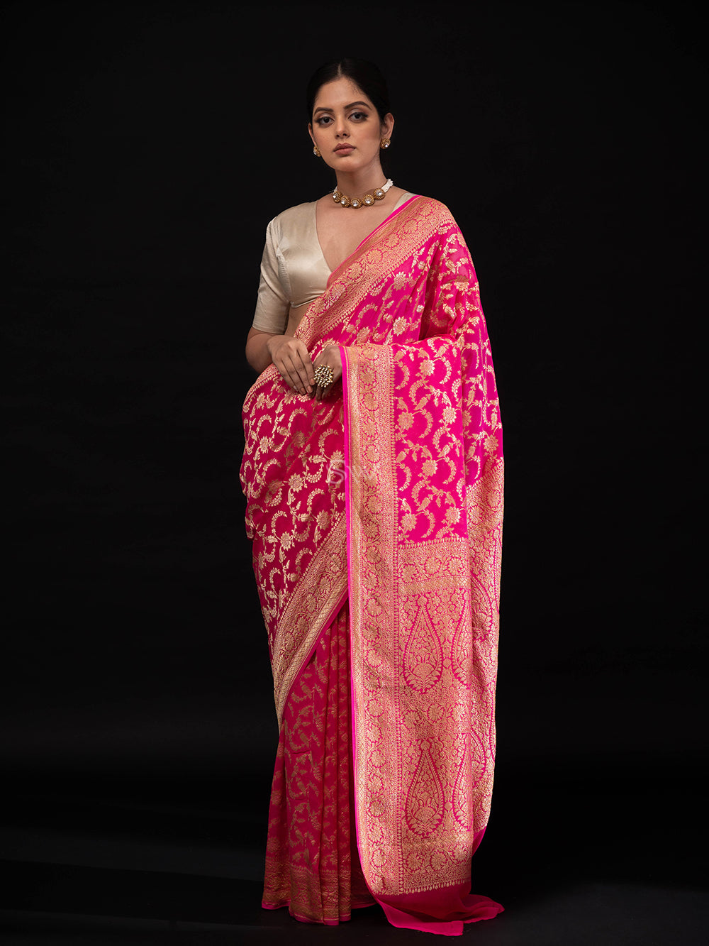 Bright Pink Jaal Khaddi Georgette Handloom Banarasi Saree - Sacred Weaves