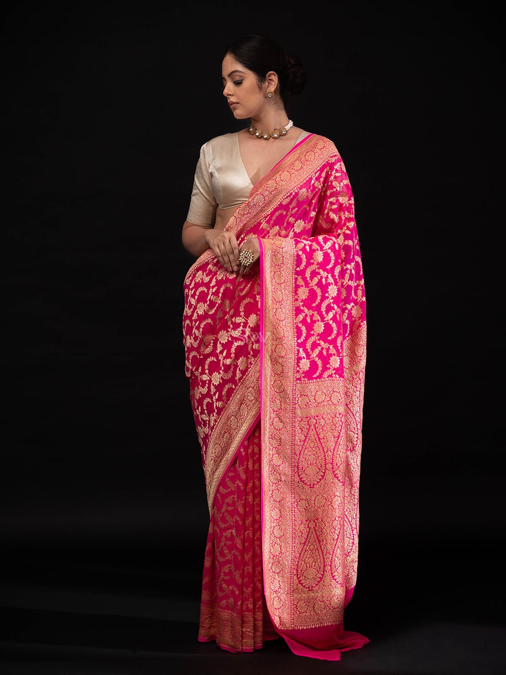 Bright Pink Jaal Khaddi Georgette Handloom Banarasi Saree - Sacred Weaves