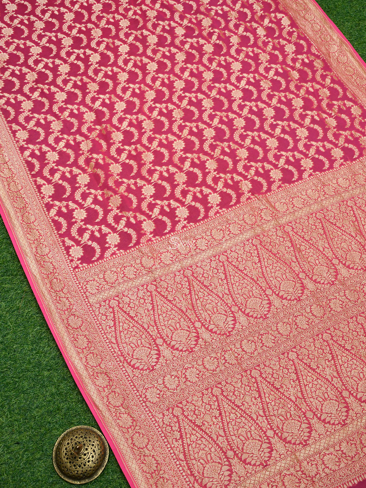 Bright Pink Jaal Khaddi Georgette Handloom Banarasi Saree - Sacred Weaves