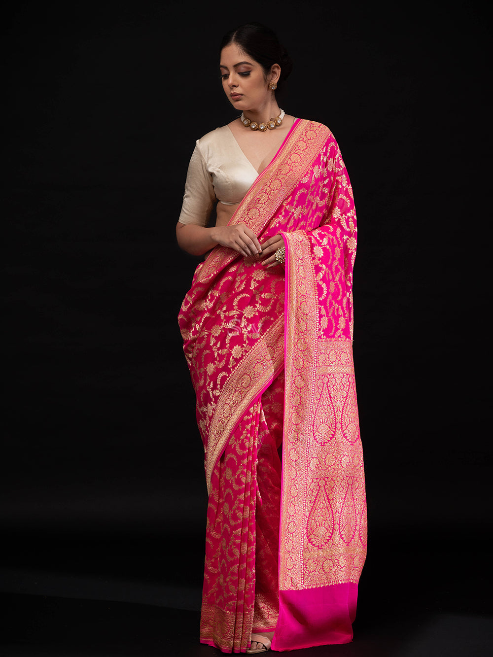 Bright Pink Jaal Khaddi Georgette Handloom Banarasi Saree - Sacred Weaves