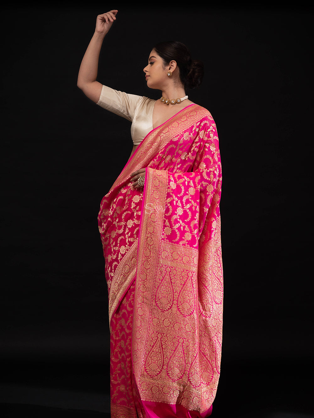 Bright Pink Jaal Khaddi Georgette Handloom Banarasi Saree - Sacred Weaves