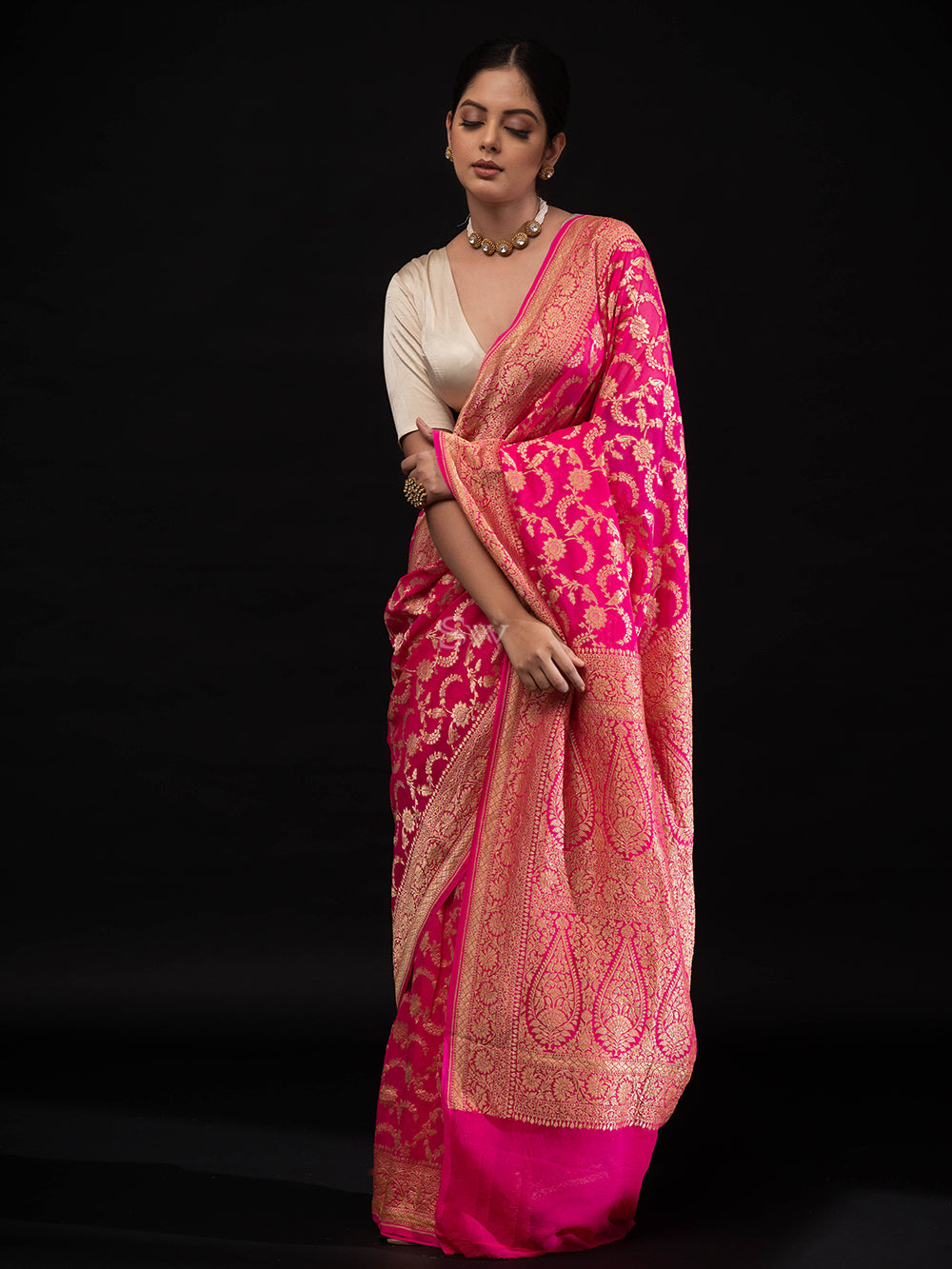 Bright Pink Jaal Khaddi Georgette Handloom Banarasi Saree - Sacred Weaves