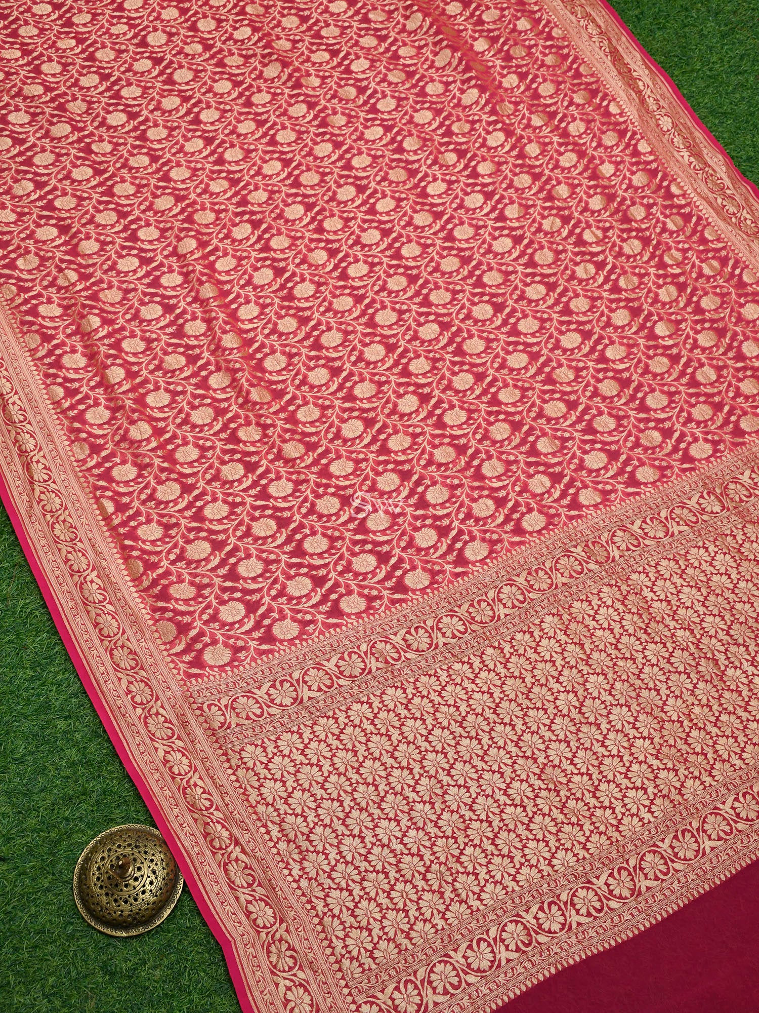 Bright Pink Jaal Khaddi Georgette Handloom Banarasi Saree - Sacred Weaves