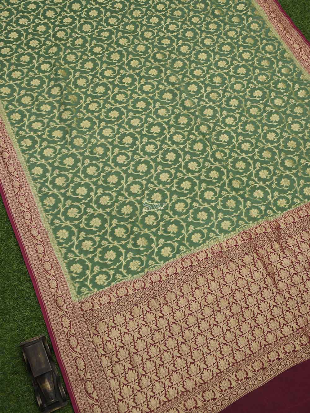 Light Moss Green Jaal Khaddi Georgette Handloom Banarasi Saree - Sacred Weaves