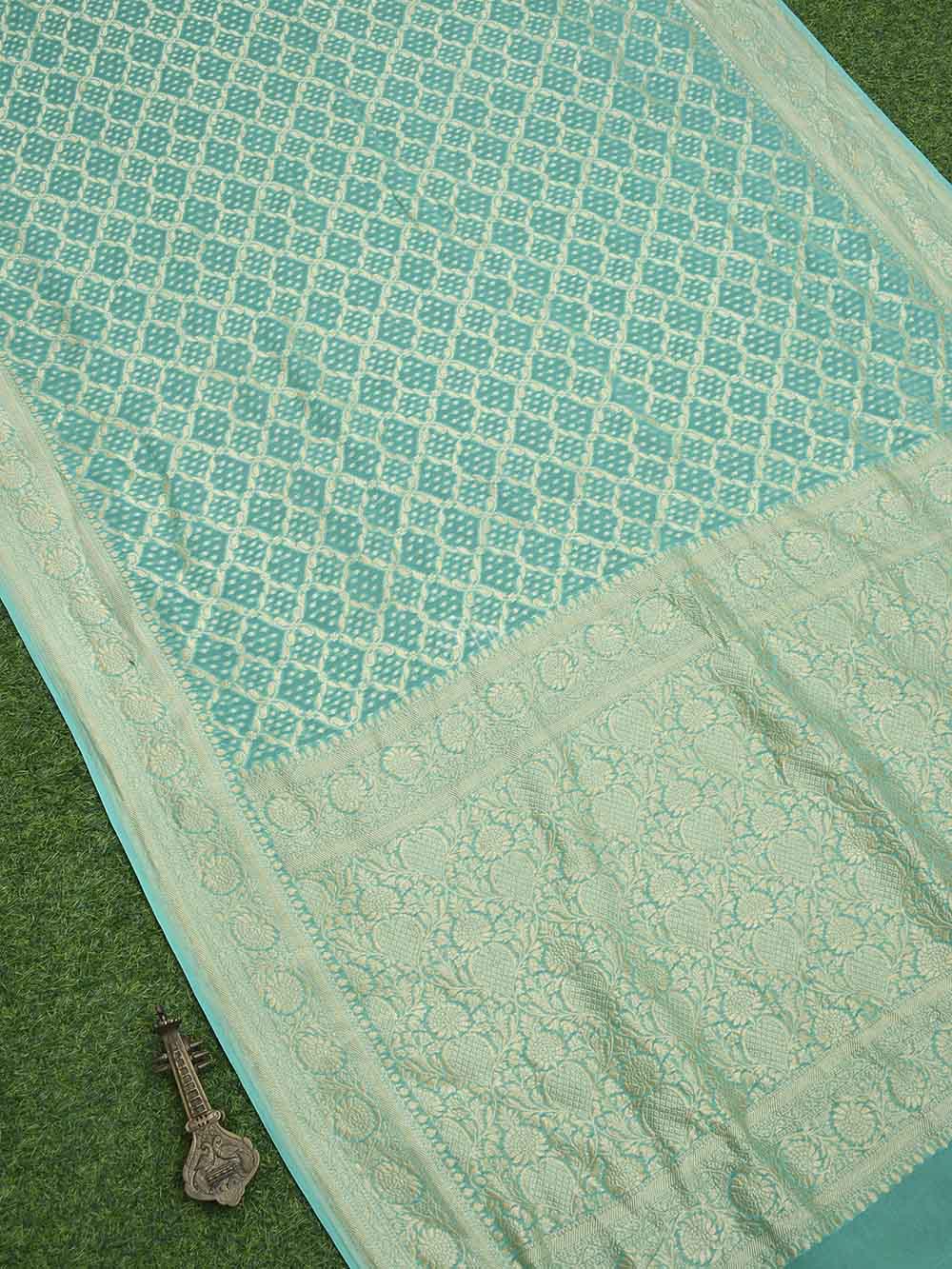 Sea Green Jaal Khaddi Georgette Handloom Banarasi Saree - Sacred Weaves
