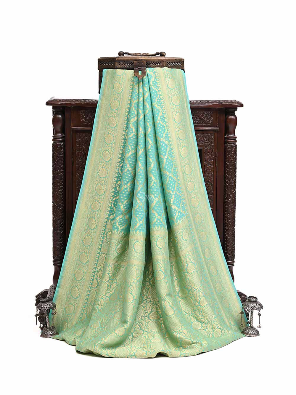 Sea Green Jaal Khaddi Georgette Handloom Banarasi Saree - Sacred Weaves