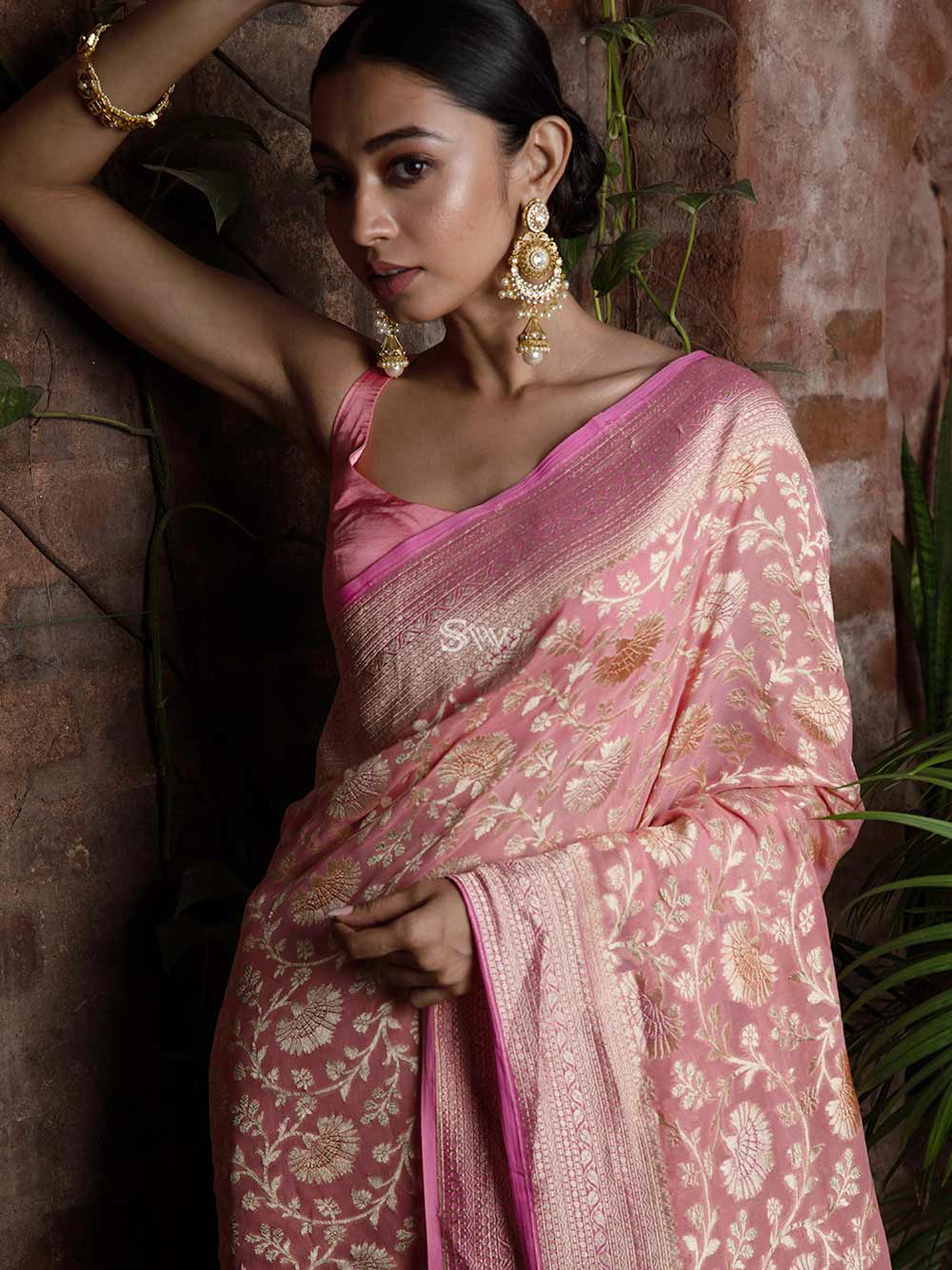 Pastel Pink Jaal Khaddi Georgette Handloom Banarasi Saree - Sacred Weaves