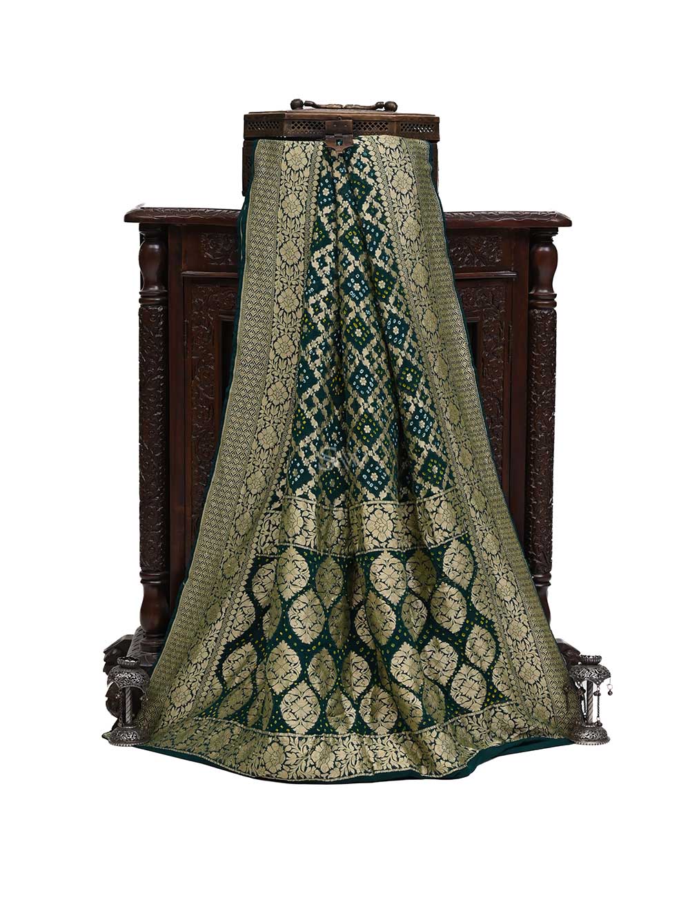 Bottle Green Bandhani Khaddi Georgette Handloom Banarasi Saree - Sacred Weaves
