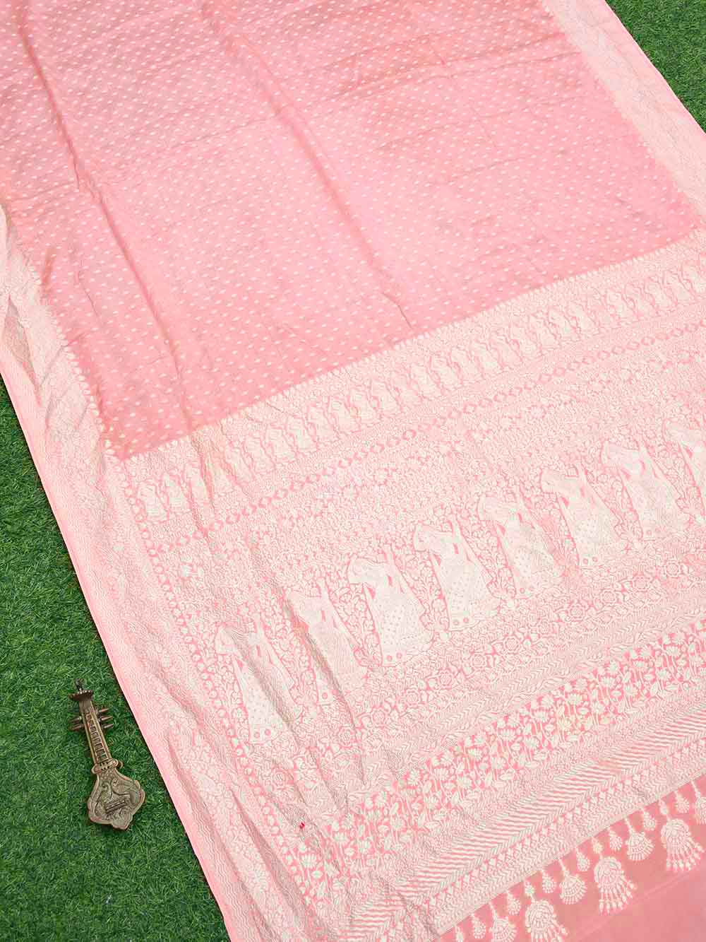 Coral Pink Crepe Silk Booti Handloom Banarasi Saree - Sacred Weaves