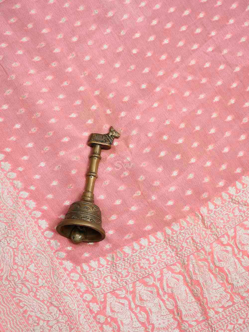 Coral Pink Crepe Silk Booti Handloom Banarasi Saree - Sacred Weaves