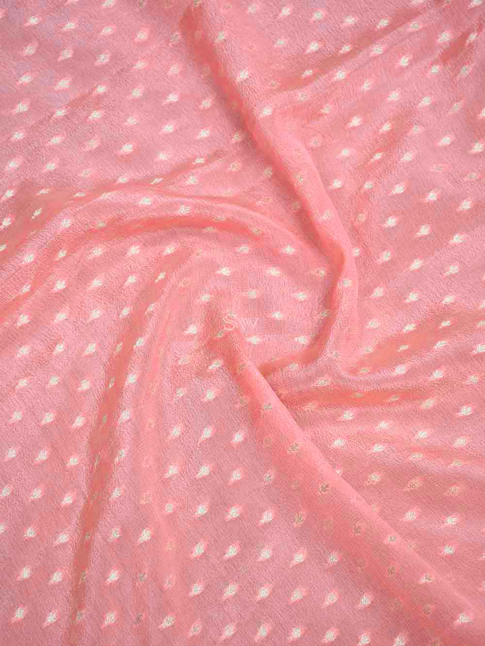 Coral Pink Crepe Silk Booti Handloom Banarasi Saree - Sacred Weaves