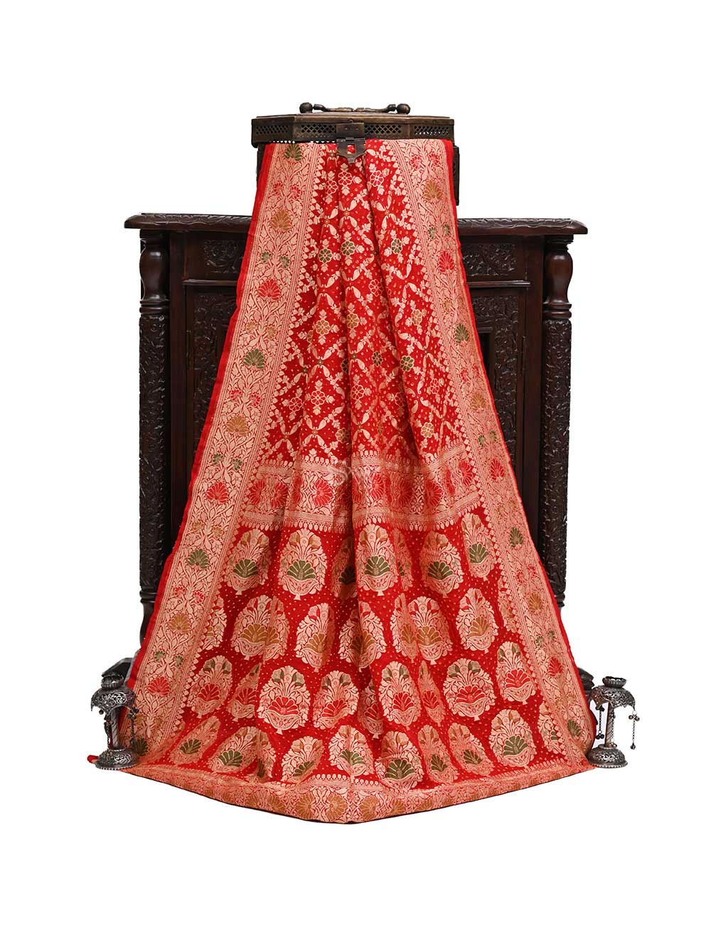 Red Meenakari Bandhani Khaddi Georgette Handloom Banarasi Saree - Sacred Weaves