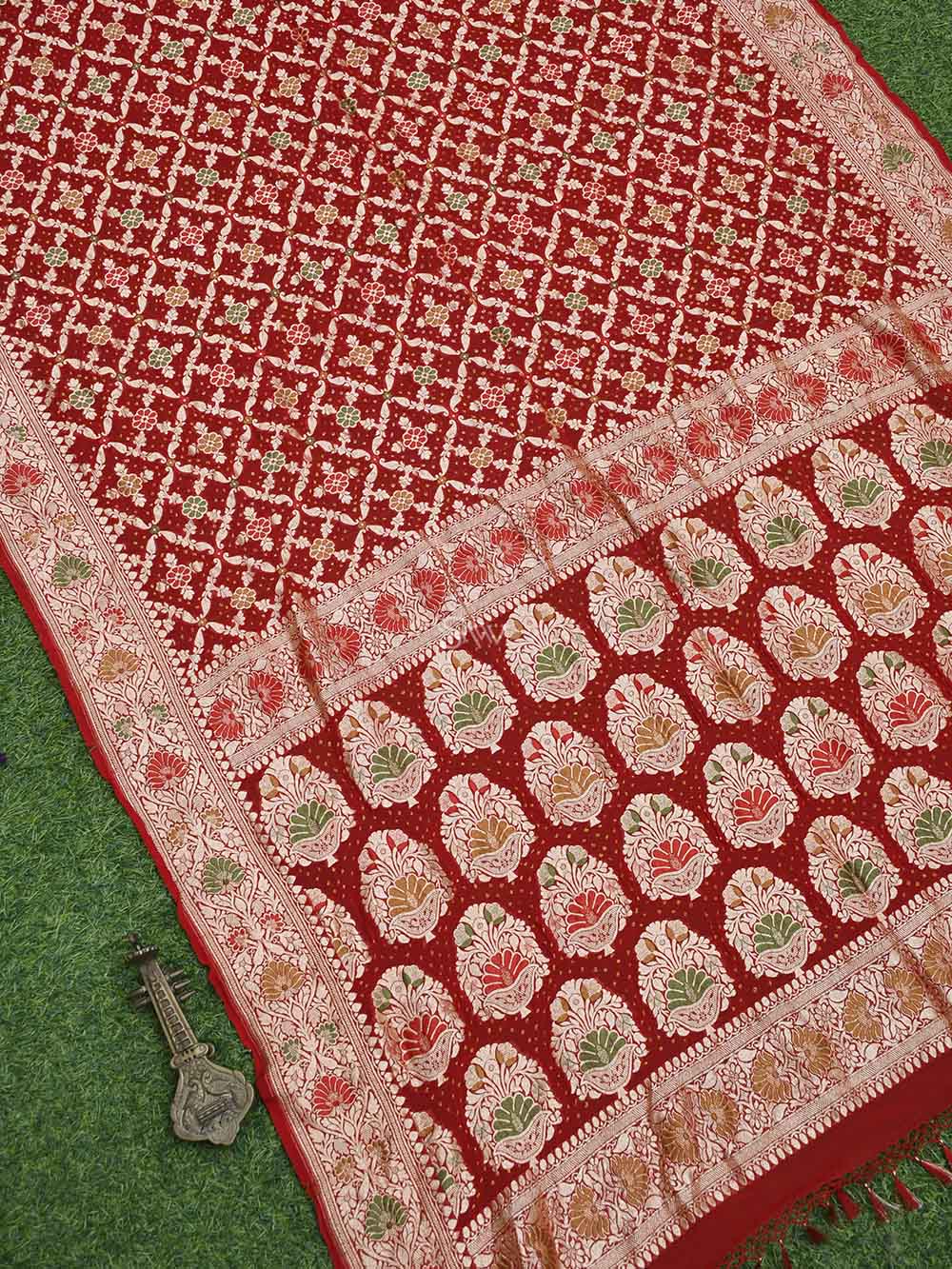 Red Meenakari Bandhani Khaddi Georgette Handloom Banarasi Saree - Sacred Weaves