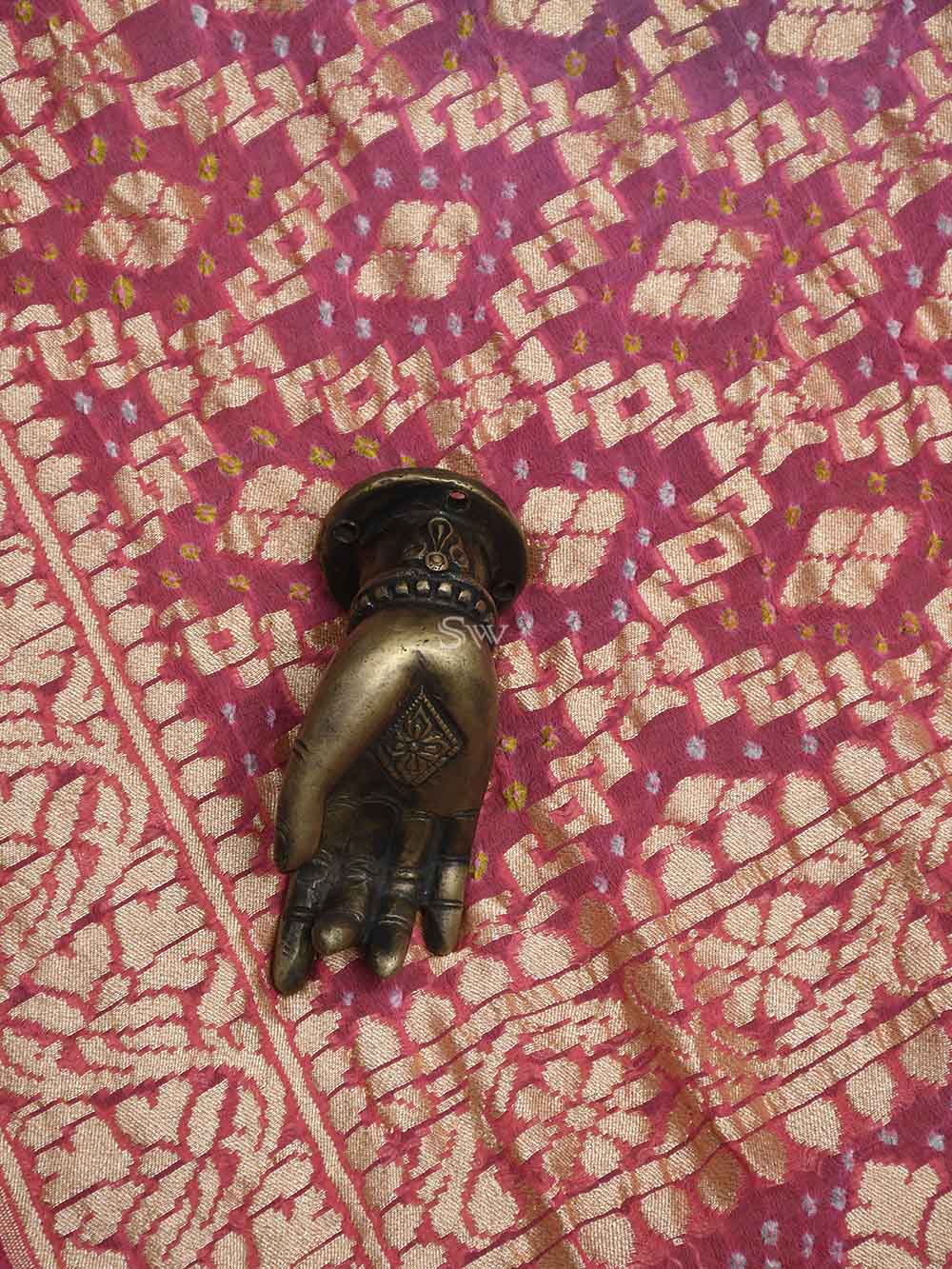 Pink Green Bandhani Khaddi Georgette Handloom Banarasi Saree - Sacred Weaves