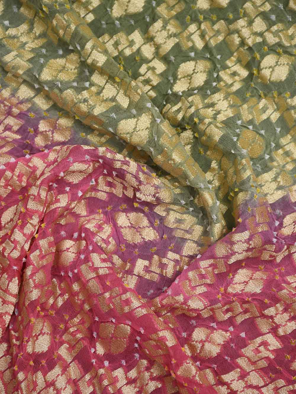 Pink Green Bandhani Khaddi Georgette Handloom Banarasi Saree - Sacred Weaves