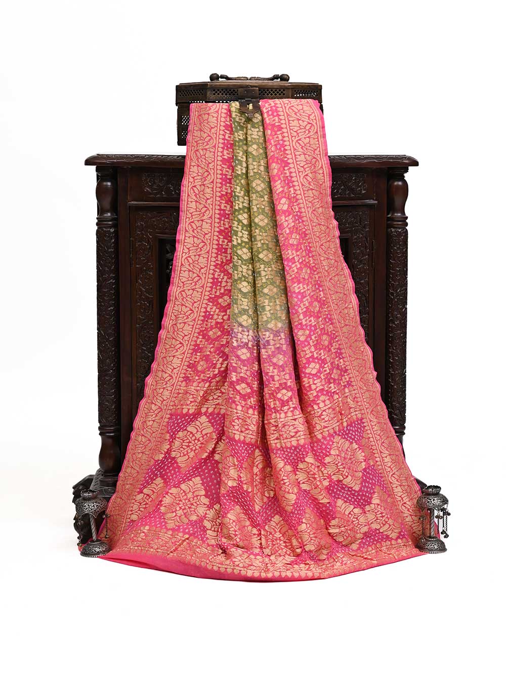 Pink Green Bandhani Khaddi Georgette Handloom Banarasi Saree - Sacred Weaves