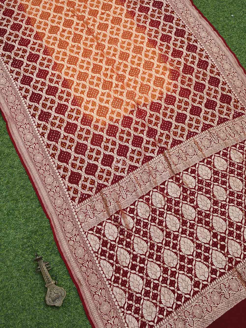 Maroon Orange Bandhani Khaddi Georgette Handloom Banarasi Saree - Sacred Weaves
