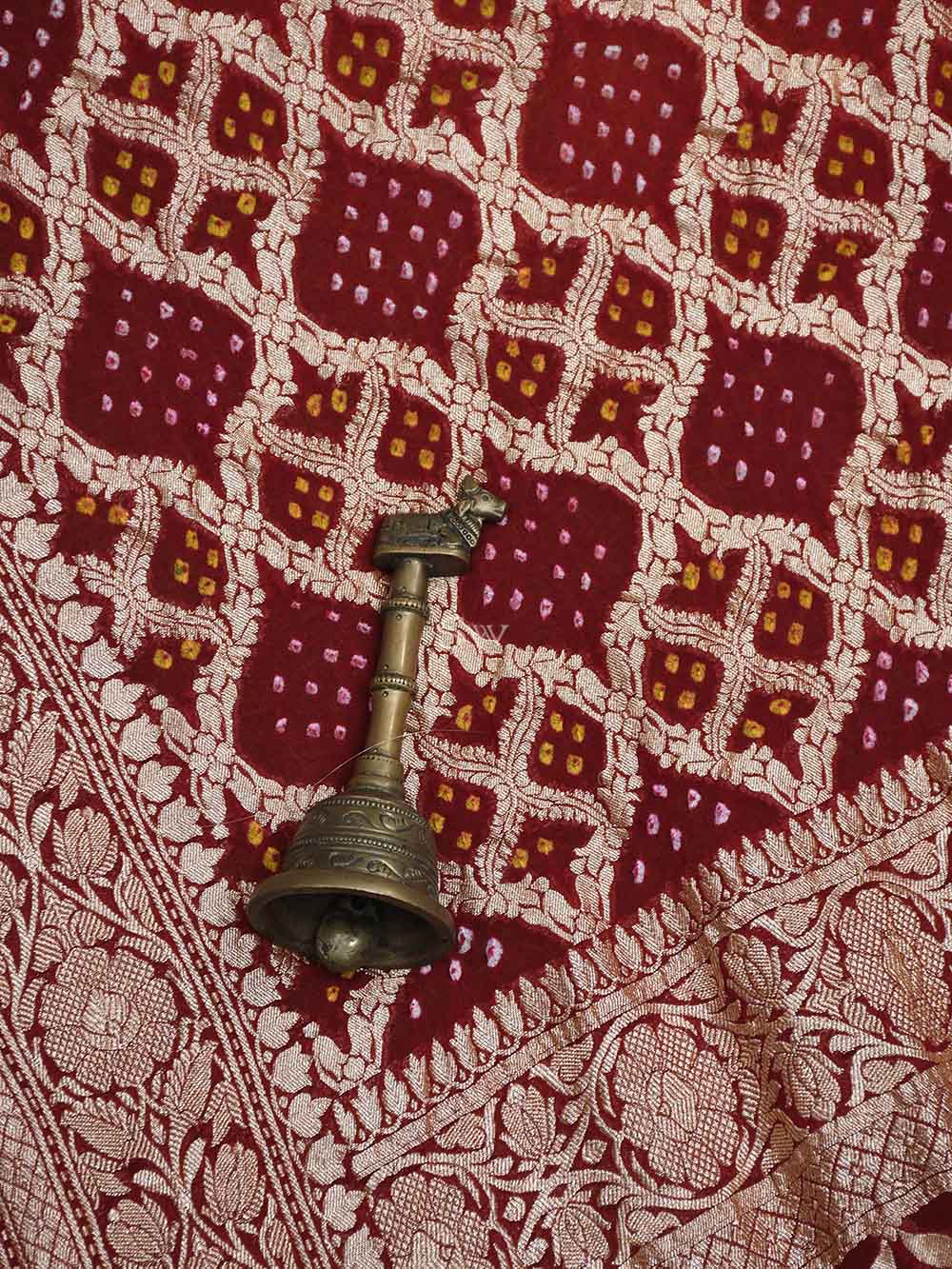 Maroon Orange Bandhani Khaddi Georgette Handloom Banarasi Saree - Sacred Weaves