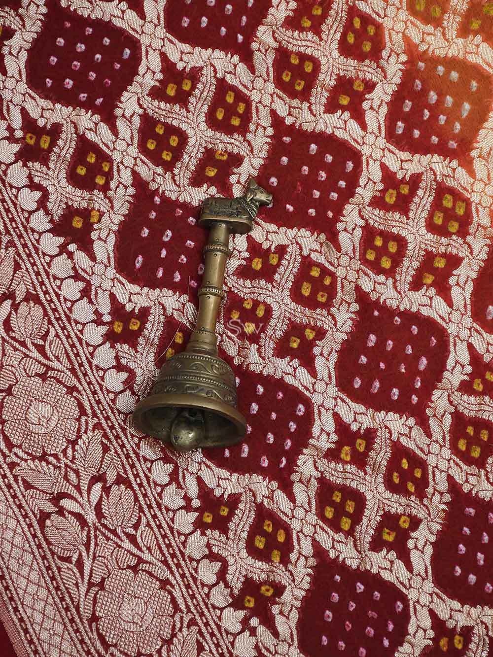 Maroon Orange Bandhani Khaddi Georgette Handloom Banarasi Saree - Sacred Weaves