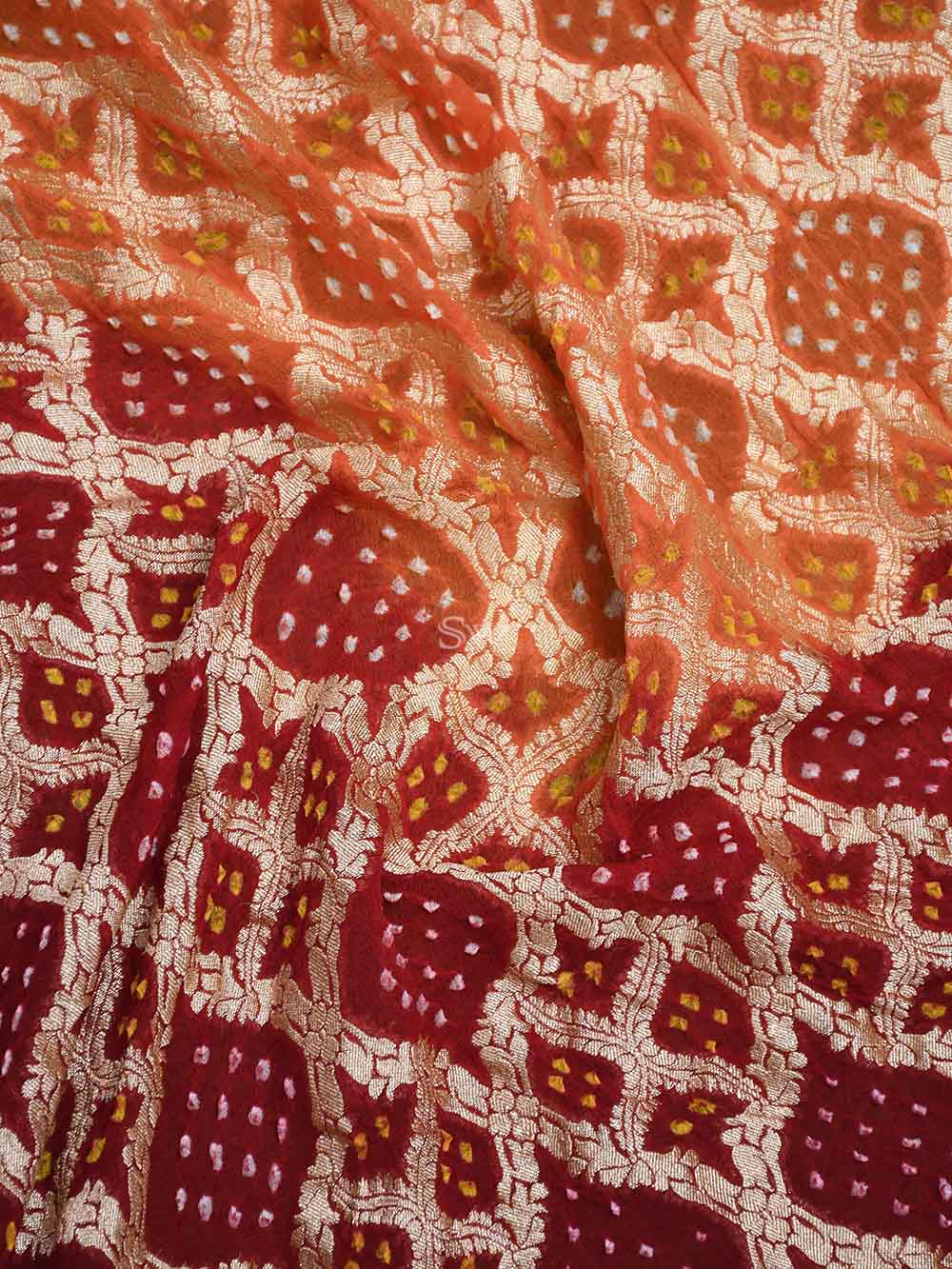 Maroon Orange Bandhani Khaddi Georgette Handloom Banarasi Saree - Sacred Weaves