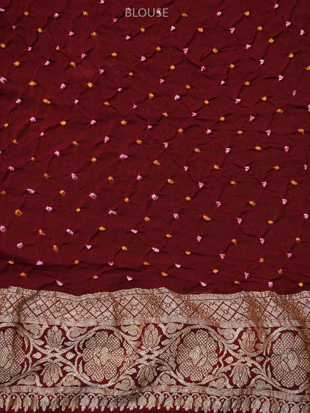 Maroon Orange Bandhani Khaddi Georgette Handloom Banarasi Saree - Sacred Weaves