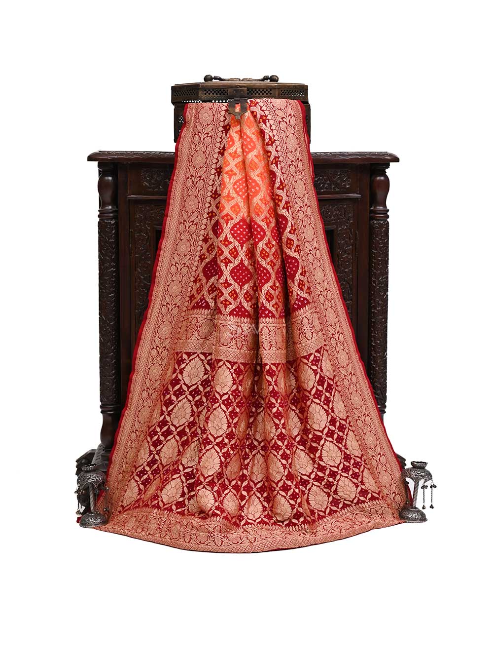 Maroon Orange Bandhani Khaddi Georgette Handloom Banarasi Saree - Sacred Weaves