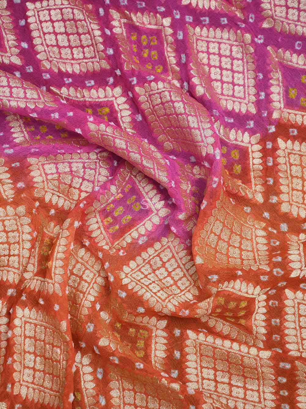 Orange Magenta Bandhani Khaddi Georgette Handloom Banarasi Saree - Sacred Weaves