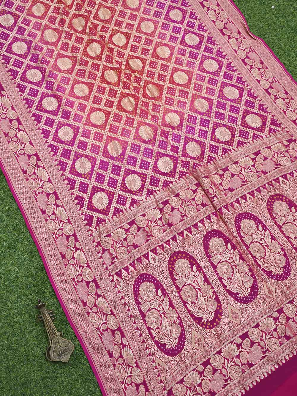 Magenta Bandhani Khaddi Georgette Handloom Banarasi Saree - Sacred Weaves