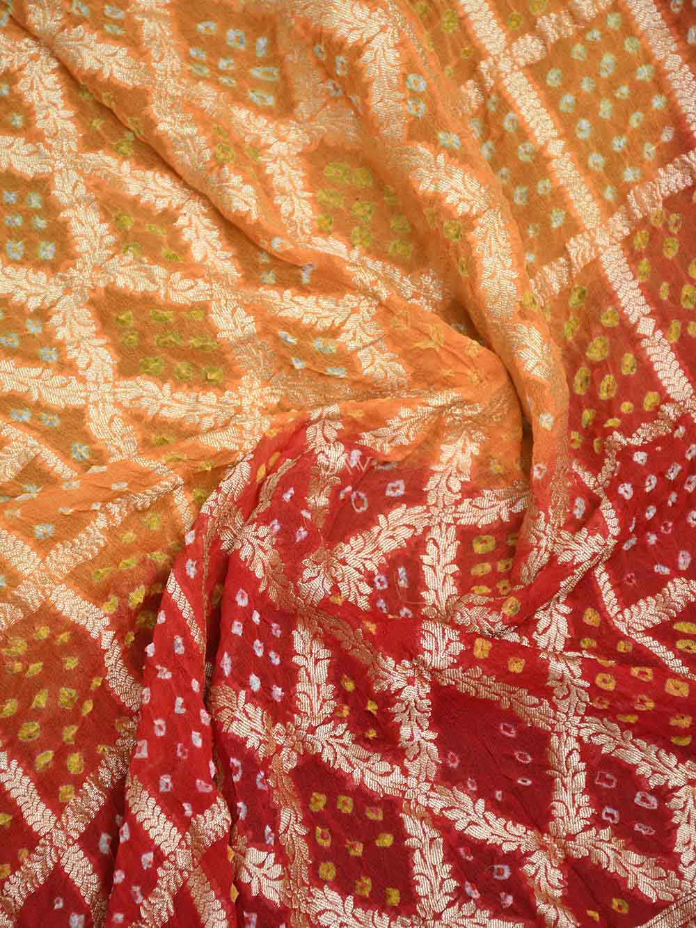 Red Orange Bandhani Khaddi Georgette Handloom Banarasi Saree - Sacred Weaves