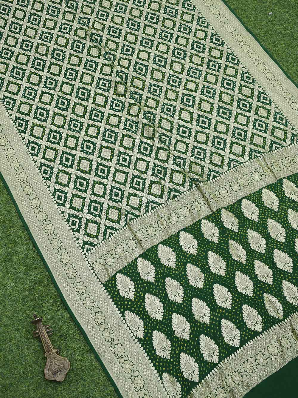 Bottle Green Bandhani Khaddi Georgette Handloom Banarasi Saree - Sacred Weaves
