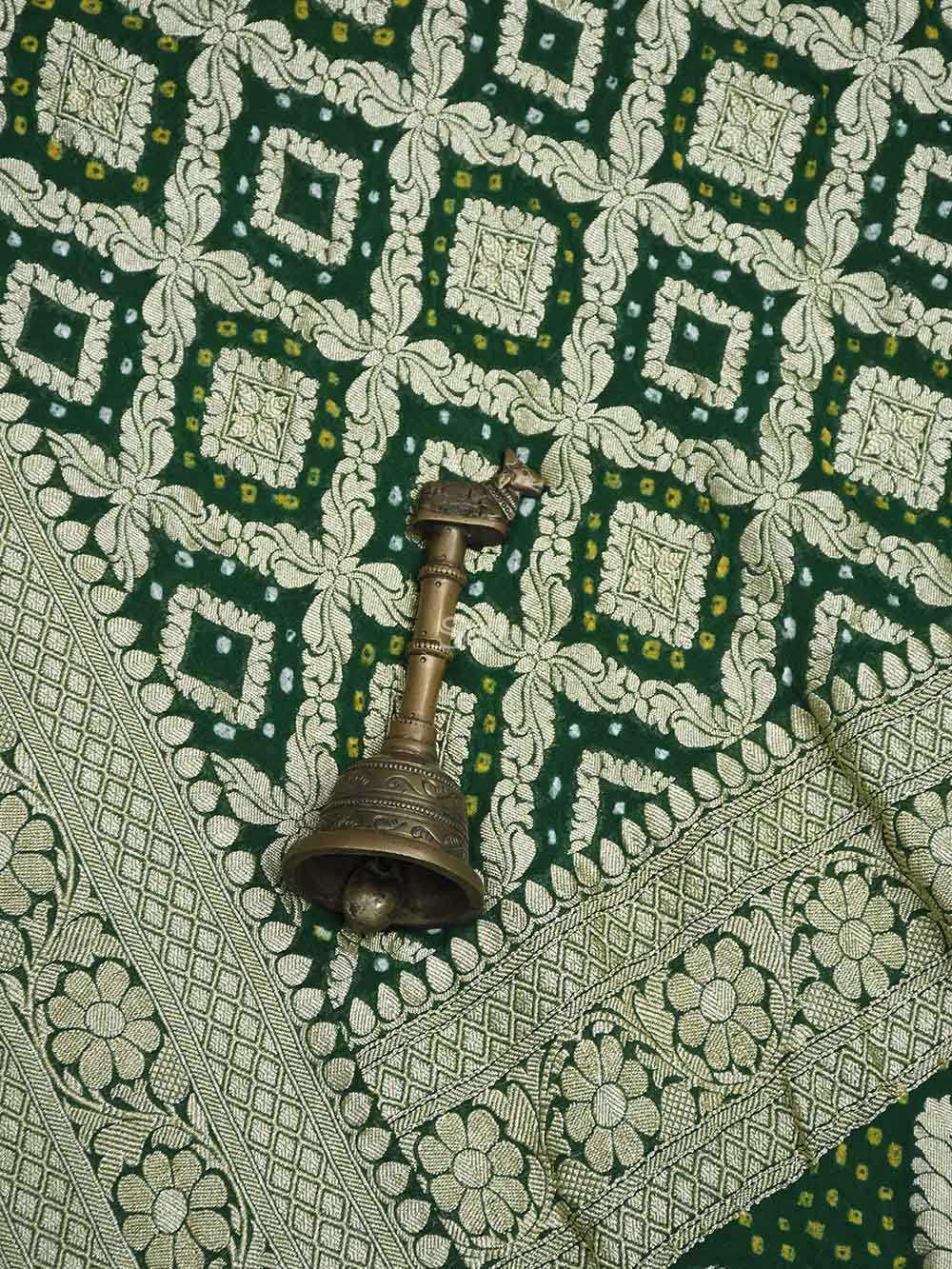 Bottle Green Bandhani Khaddi Georgette Handloom Banarasi Saree - Sacred Weaves