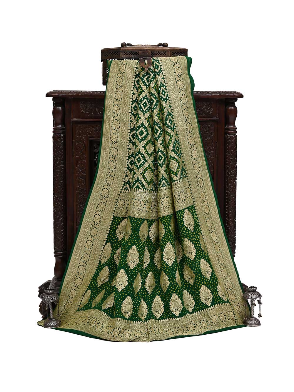 Bottle Green Bandhani Khaddi Georgette Handloom Banarasi Saree - Sacred Weaves