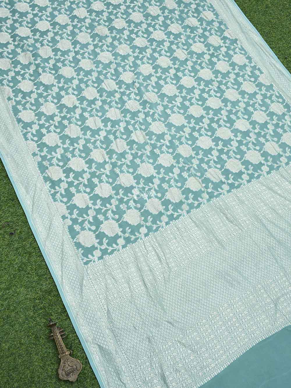 Sea Green Jaal Khaddi Georgette Handloom Banarasi Saree - Sacred Weaves