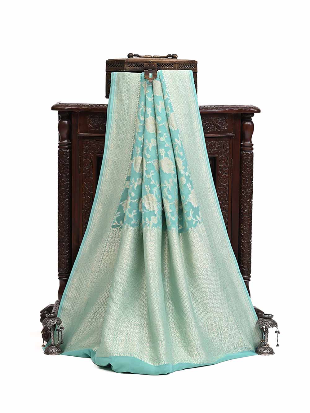 Sea Green Jaal Khaddi Georgette Handloom Banarasi Saree - Sacred Weaves