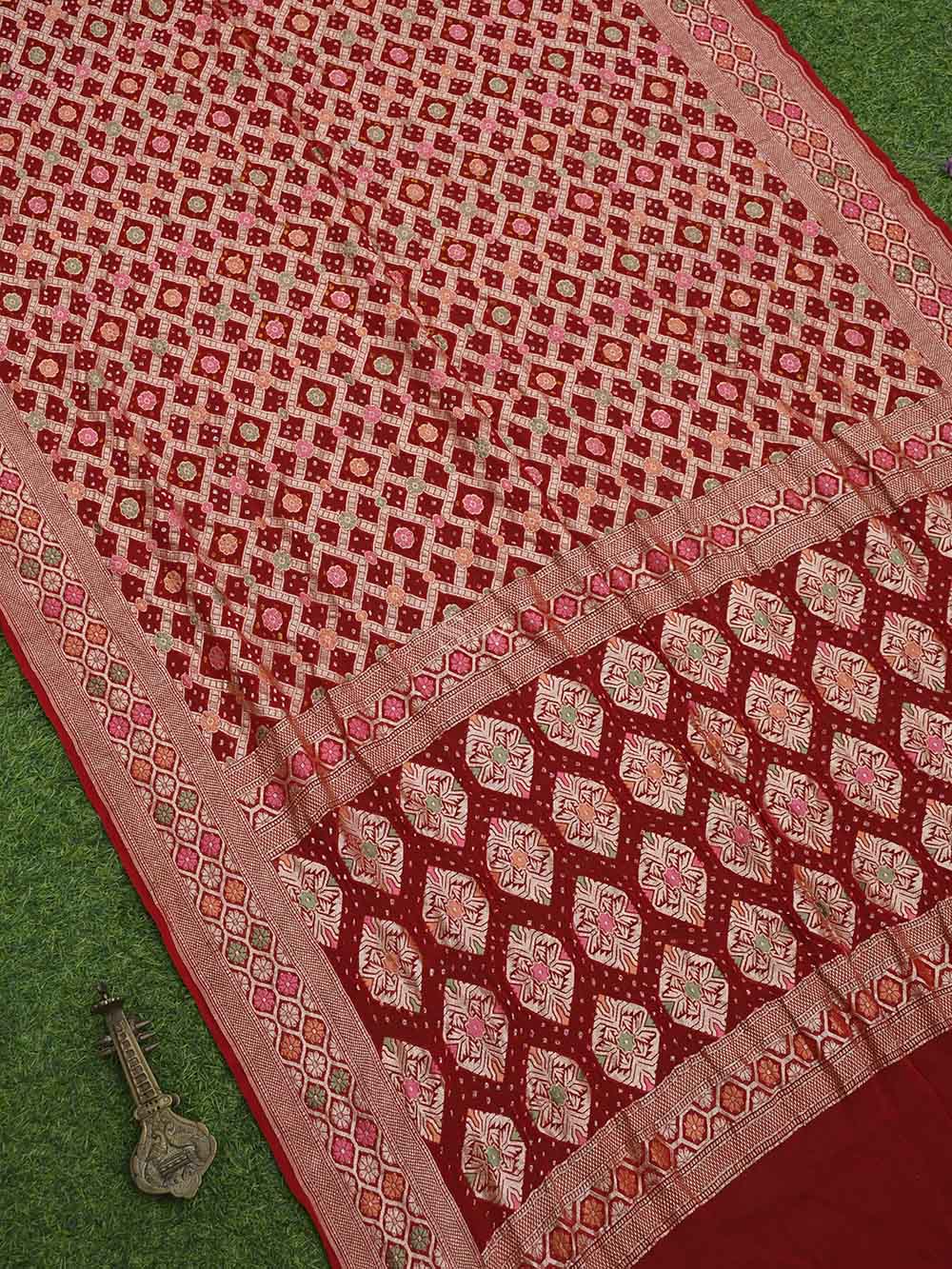 Red Meenakari Jaal Bandhani Khaddi Georgette Handloom Banarasi Saree - Sacred Weaves