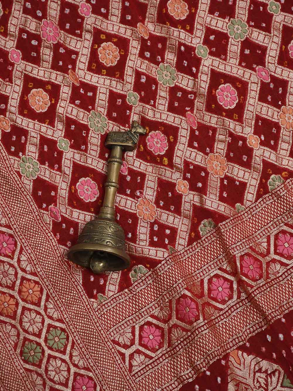 Red Meenakari Jaal Bandhani Khaddi Georgette Handloom Banarasi Saree - Sacred Weaves