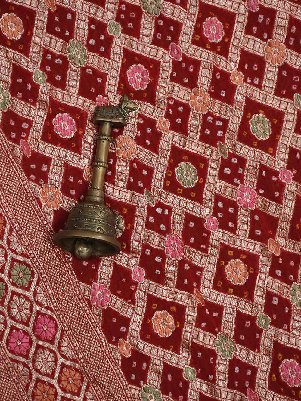 Red Meenakari Jaal Bandhani Khaddi Georgette Handloom Banarasi Saree - Sacred Weaves