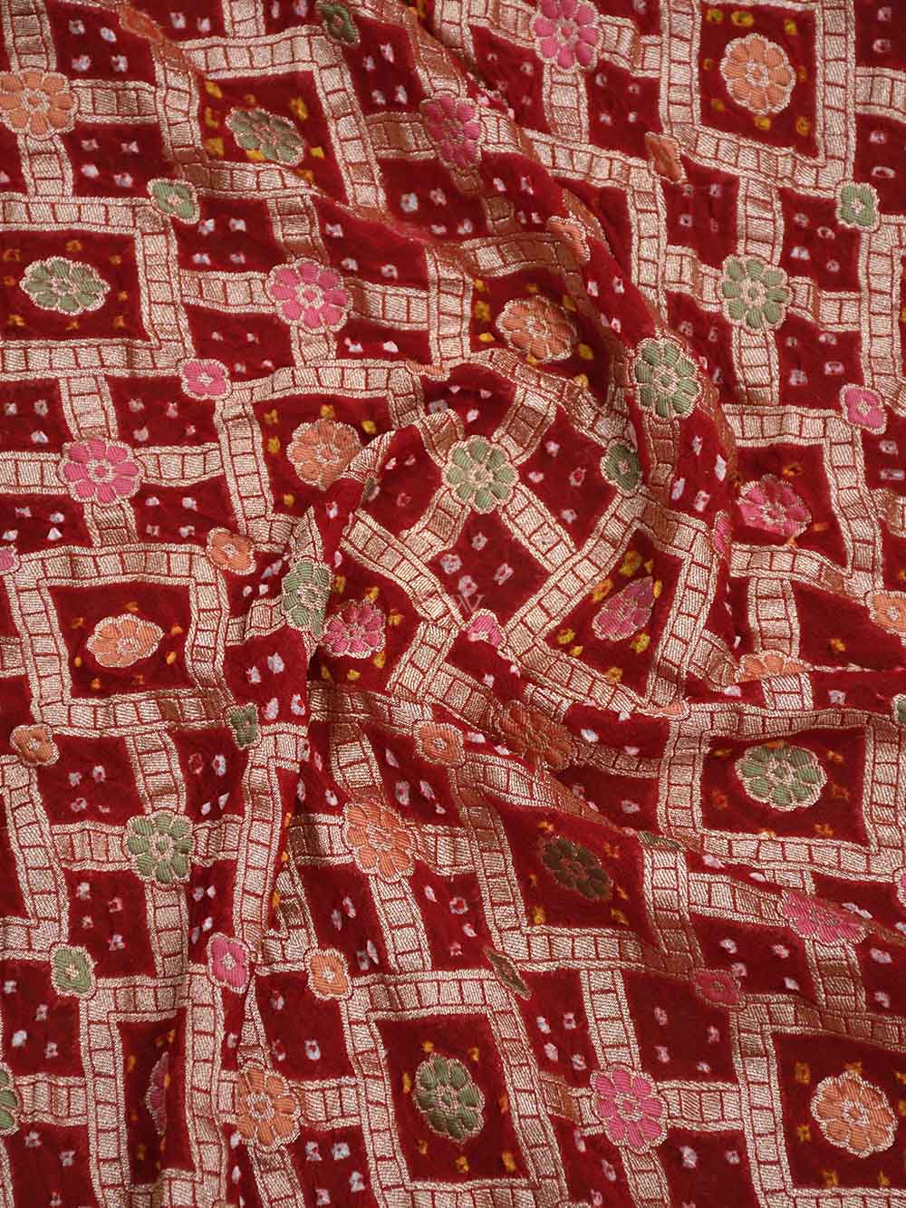 Red Meenakari Jaal Bandhani Khaddi Georgette Handloom Banarasi Saree - Sacred Weaves