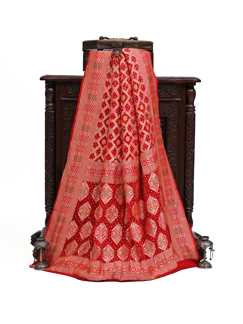 Red Meenakari Jaal Bandhani Khaddi Georgette Handloom Banarasi Saree - Sacred Weaves