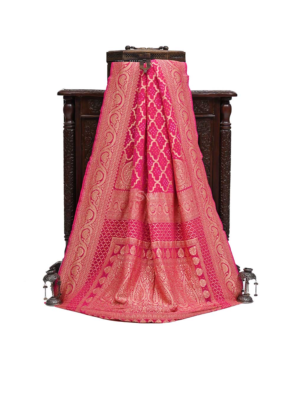 Dark Pink Konia Bandhani Khaddi Georgette Handloom Banarasi Saree - Sacred Weaves