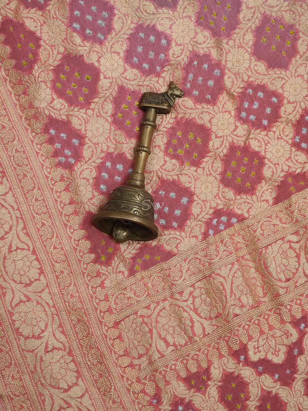 Pink Green Bandhani Khaddi Georgette Handloom Banarasi Saree - Sacred Weaves
