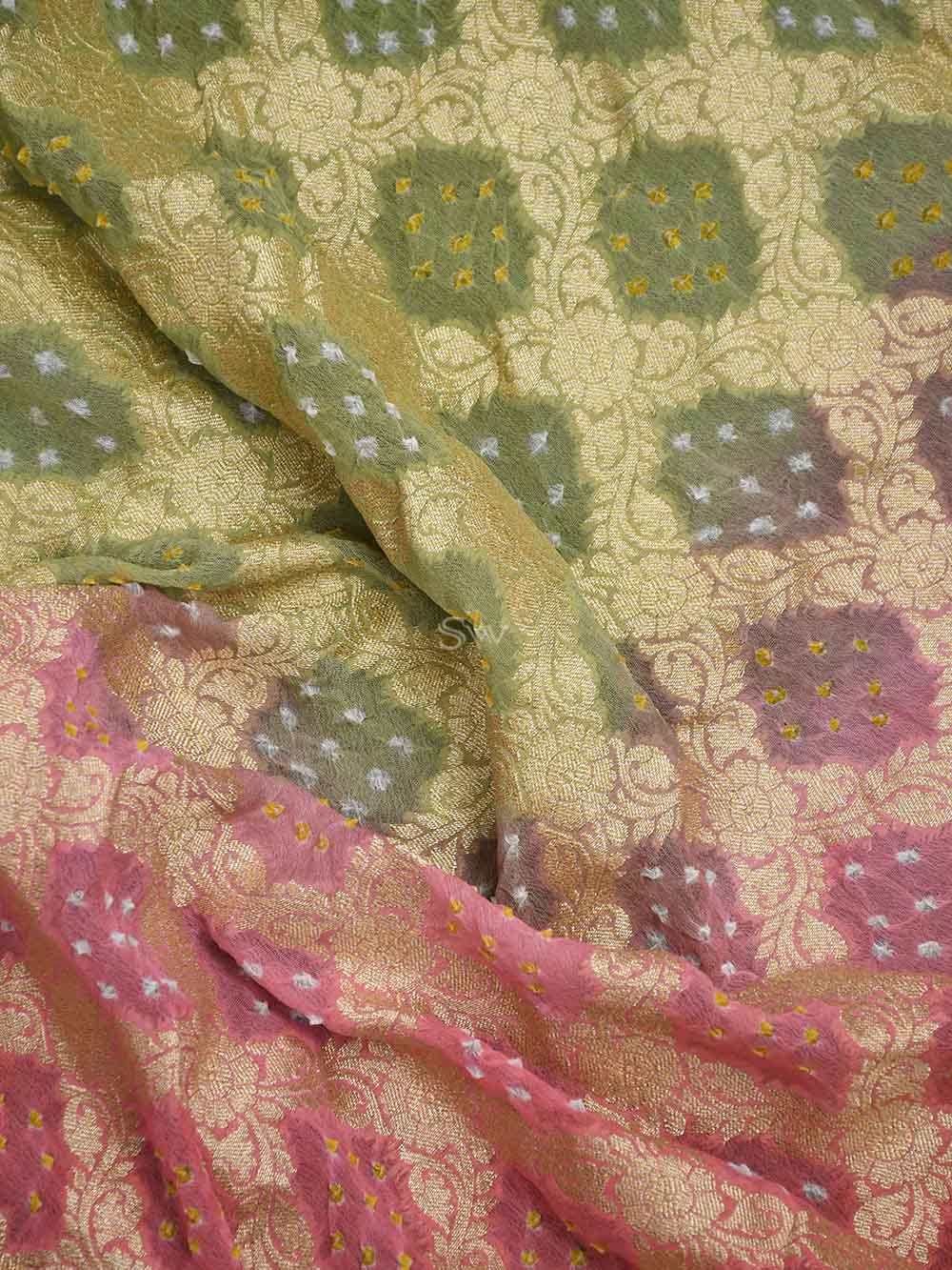 Pink Green Bandhani Khaddi Georgette Handloom Banarasi Saree - Sacred Weaves