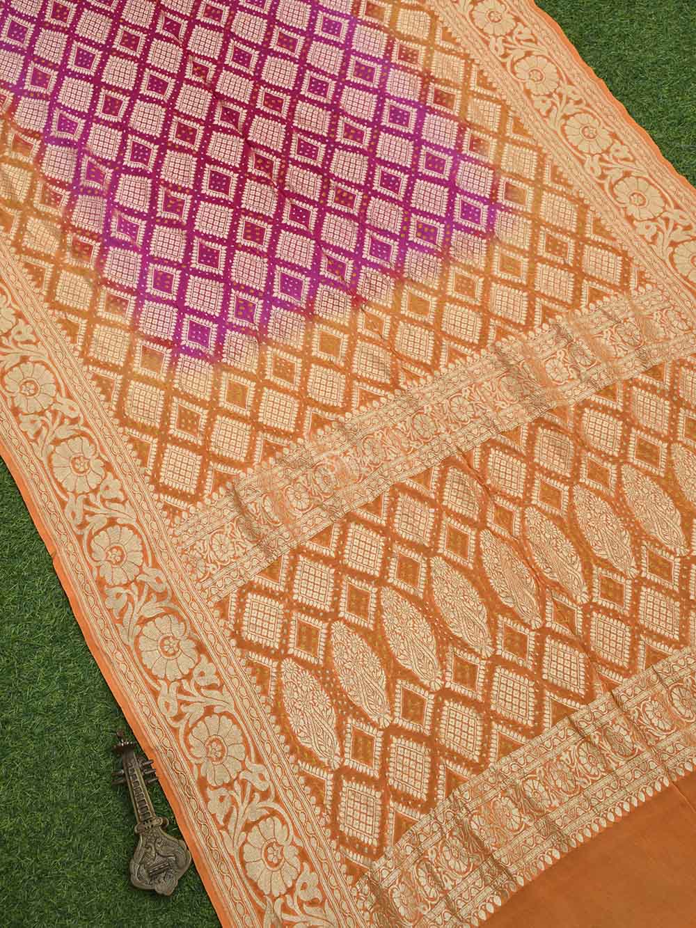 Orange Pink Bandhani Khaddi Georgette Handloom Banarasi Saree - Sacred Weaves